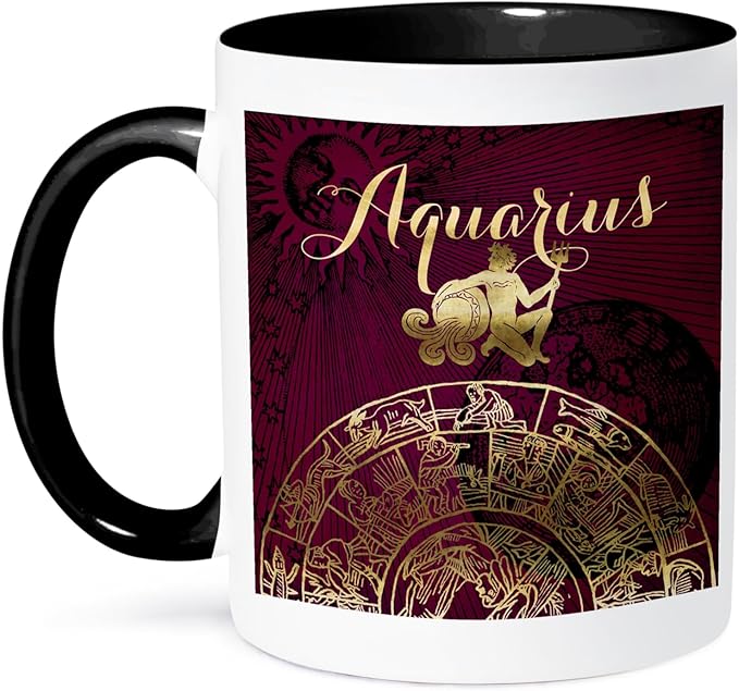 3dRose Aquarius Symbol Astrology Wheel Zodiac Sign Horoscope 11oz Two-Tone Black Mug - Aquarius Mug for men