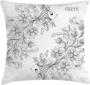 Ambesonne Zodiac Throw Pillow Cushion Cover, Floral Images Pisces Sign Fish House of The Water Element Sensitivity Planet Sign, Decorative Square Accent Pillow Case, 26" X 26", Black White - Pisces Pillow for men