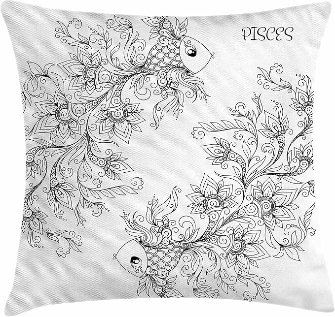 Ambesonne Zodiac Throw Pillow Cushion Cover, Floral Images Pisces Sign Fish House of The Water Element Sensitivity Planet Sign, Decorative Square Accent Pillow Case, 26" X 26", Black White - Pisces Pillow for men