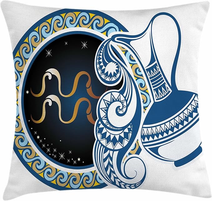 Ambesonne Zodiac Throw Pillow Cushion Cover, Image of Aquarius Sign with Jug and Circular Globe World Form on The Background, Decorative Square Accent Pillow Case, 26" X 26", Multicolor - Aquarius Pillow for men