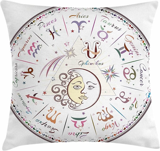 Ambesonne Zodiac Throw Pillow Cushion Cover, Western Chart with All Signs Aries Virgo Leo Taurus Libra Mystique Fate Calendar, Decorative Square Accent Pillow Case, 26" X 26", Pastel Pink - Aries Pillow for men
