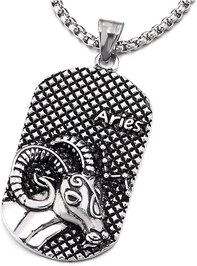 Vintage Mens Women Steel Horoscope Zodiac Signs Dog Tag Pendant Necklace, Twelve Constellations - Aries Necklace for men