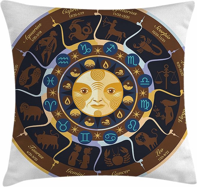 Ambesonne Astrology Throw Pillow Cushion Cover, Aries Taurus Gemini Cancer Leo Virgo Libra Scorpio Horoscope Signs, Decorative Square Accent Pillow Case, 28" X 28", Brown Yellow and Blue - Aries Car Seat Cover for men