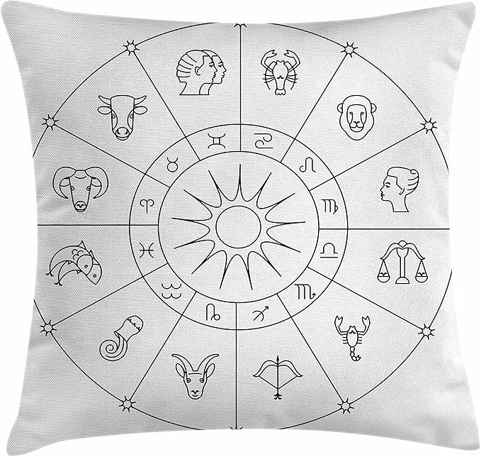 Ambesonne Astrology Throw Pillow Cushion Cover, Sketchy Zodiacal Circle with Astrology Signs Aries Aquarius Pisces Lion Art, Decorative Square Accent Pillow Case, 40" X 40", Black and White - Aries Pillow for men