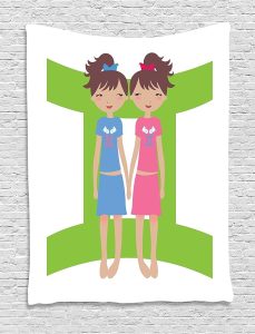 Ambesonne Zodiac Gemini Tapestry, Green Sign Background with Twin Girl Cartoon Characters for Teens and, Wall Hanging for Bedroom Living Room Dorm Decor, 40" X 60", Multicolor - Gemini Blanket for men