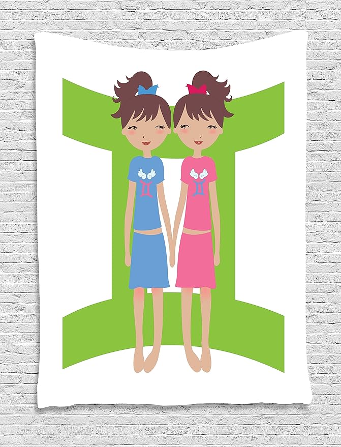 Ambesonne Zodiac Gemini Tapestry, Green Sign Background with Twin Girl Cartoon Characters for Teens and, Wall Hanging for Bedroom Living Room Dorm Decor, 40" X 60", Multicolor - Gemini Blanket for men