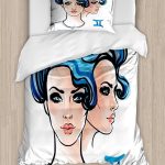 Ambesonne Zodiac Gemini Duvet Cover Set, Ink and Watercolor Artwork Young Women Portraits of Air Sign, Decorative 2 Piece Bedding Set with 1 Pillow Sham, Twin Size, Pale Peach Black - Gemini Blanket for men