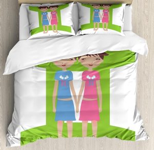 Ambesonne Zodiac Gemini Duvet Cover Set, Green Sign Background with Twin Girl Cartoon Characters for Teens and, Decorative 3 Piece Bedding Set with 2 Pillow Shams, King Size, Multicolor - Gemini Blanket for men