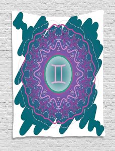 Ambesonne Zodiac Gemini Tapestry, Doodle Style Mandala Round Pattern with Cosmic Sign and Scribble, Wall Hanging for Bedroom Living Room Dorm Decor, 40" X 60", Teal Pink and Green - Gemini Blanket for men