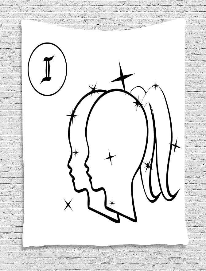 Ambesonne Zodiac Gemini Tapestry, Mystical Sign with Women Portrait Outlines with Stars Sisters of Zodiac, Wall Hanging for Bedroom Living Room Dorm Decor, 40" X 60", Black and White - Gemini Blanket for men