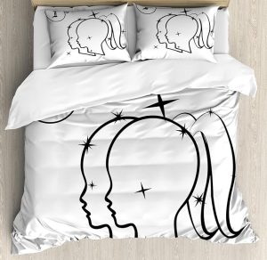 Ambesonne Zodiac Gemini Duvet Cover Set, Mystical Sign with Women Portrait Outlines with Stars Sisters of Zodiac, Decorative 3 Piece Bedding Set with 2 Pillow Shams, King Size, Black and White - Gemini Blanket for men
