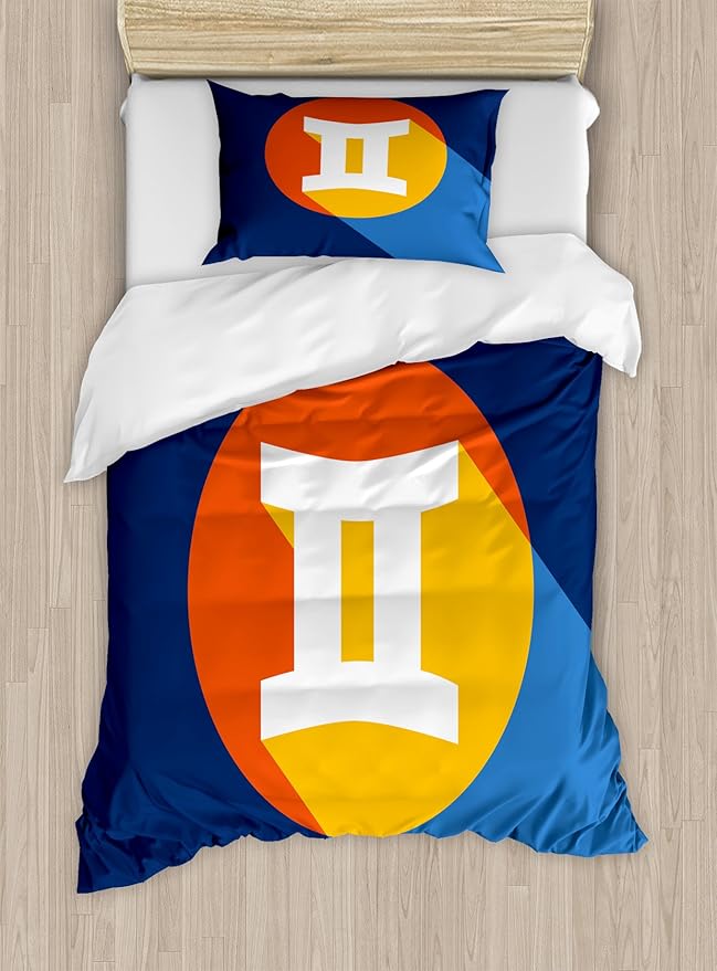 Ambesonne Zodiac Gemini Duvet Cover Set, Horoscope Sign with Colorful Graphic Design in a Circle on Blue Background, Decorative 2 Piece Bedding Set with 1 Pillow Sham, Twin Size, Multicolor - Gemini Blanket for men