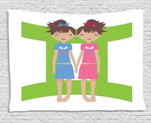 Ambesonne Zodiac Gemini Tapestry, Green Sign Background with Twin Girl Cartoon Characters for Teens and, Wide Wall Hanging for Bedroom Living Room Dorm, 60" X 40", Multicolor - Gemini Blanket for men