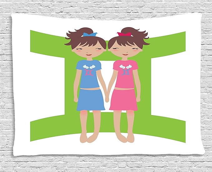 Ambesonne Zodiac Gemini Tapestry, Green Sign Background with Twin Girl Cartoon Characters for Teens and, Wide Wall Hanging for Bedroom Living Room Dorm, 60" X 40", Multicolor - Gemini Blanket for men