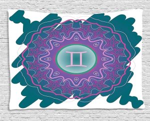 Ambesonne Zodiac Gemini Tapestry, Doodle Style Mandala Round Pattern with Cosmic Sign and Scribble, Wall Hanging for Bedroom Living Room Dorm, 80" X 60", Teal Pink and Green - Gemini Blanket for men