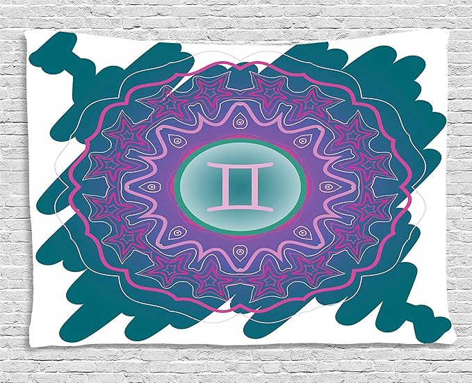 Ambesonne Zodiac Gemini Tapestry, Doodle Style Mandala Round Pattern with Cosmic Sign and Scribble, Wall Hanging for Bedroom Living Room Dorm, 80" X 60", Teal Pink and Green - Gemini Blanket for men