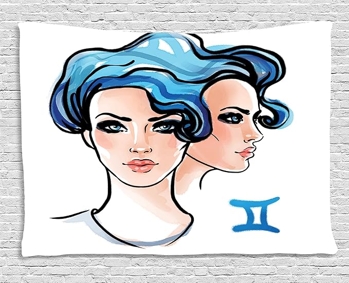 Ambesonne Zodiac Gemini Tapestry, Ink and Watercolor Artwork Young Women Portraits of Air Sign, Wall Hanging for Bedroom Living Room Dorm, 80" X 60", Blue Pale Peach and Black - Gemini Blanket for men
