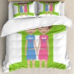 Ambesonne Zodiac Gemini Duvet Cover Set, Green Sign Background with Twin Girl Cartoon Characters for Teens and, Decorative 3 Piece Bedding Set with 2 Pillow Shams, Queen Size, Multicolor - Gemini Blanket for men
