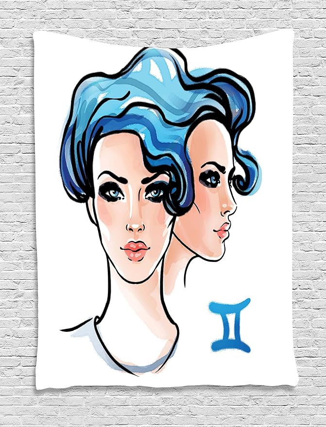 Ambesonne Zodiac Gemini Tapestry, Ink and Watercolor Artwork Young Women Portraits of Air Sign, Wall Hanging for Bedroom Living Room Dorm Decor, 40" X 60", Pale Peach Black - Gemini Blanket for men