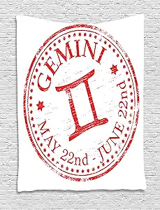 Ambesonne Zodiac Gemini Tapestry, Weathered Old Rubber Stamp Design Vintage Circle Stars Sign and Dates, Wall Hanging for Bedroom Living Room Dorm Decor, 40" X 60", Scarlet and White - Gemini Blanket for men