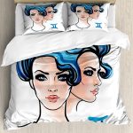 Ambesonne Zodiac Gemini Duvet Cover Set, Ink and Watercolor Artwork Young Women Portraits of Air Sign, Decorative 3 Piece Bedding Set with 2 Pillow Shams, Queen Size, Pale Peach Black - Gemini Blanket for men