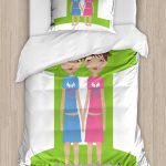 Ambesonne Zodiac Gemini Duvet Cover Set, Green Sign Background with Twin Girl Cartoon Characters for Teens and, Decorative 3 Piece Bedding Set with 2 Pillow Shams, Twin Size, Multicolor - Gemini Blanket for men