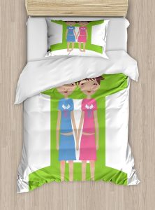 Ambesonne Zodiac Gemini Duvet Cover Set, Green Sign Background with Twin Girl Cartoon Characters for Teens and, Decorative 3 Piece Bedding Set with 2 Pillow Shams, Twin Size, Multicolor - Gemini Blanket for men