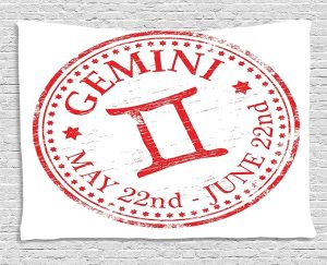 Ambesonne Zodiac Gemini Tapestry, Weathered Old Rubber Stamp Design Vintage Circle Stars Sign and Dates, Wall Hanging for Bedroom Living Room Dorm, 80" X 60", Scarlet and White - Gemini Blanket for men