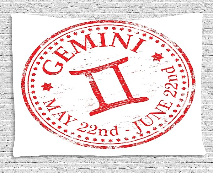 Ambesonne Zodiac Gemini Tapestry, Weathered Old Rubber Stamp Design Vintage Circle Stars Sign and Dates, Wall Hanging for Bedroom Living Room Dorm, 80" X 60", Scarlet and White - Gemini Blanket for men