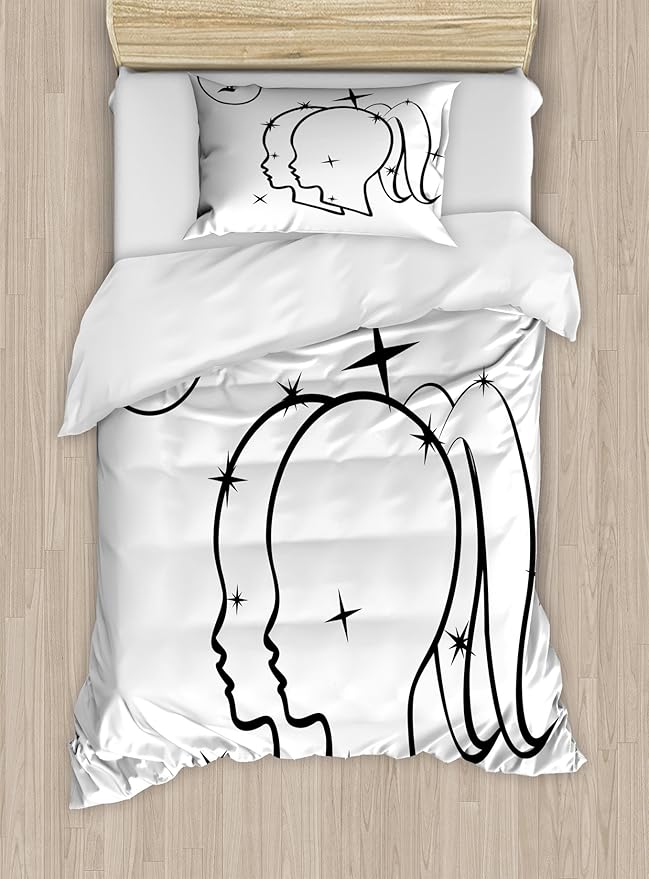 Ambesonne Zodiac Gemini Duvet Cover Set, Mystical Sign with Women Portrait Outlines with Stars Sisters of Zodiac, Decorative 2 Piece Bedding Set with 1 Pillow Sham, Twin Size, Black and White - Gemini Blanket for men