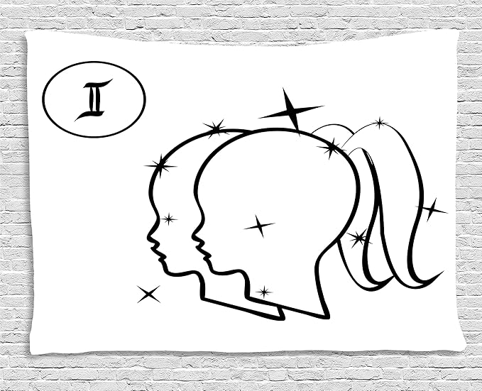 Ambesonne Zodiac Gemini Tapestry, Mystical Sign with Women Portrait Outlines with Stars Sisters of Zodiac, Wall Hanging for Bedroom Living Room Dorm, 60" X 40", Black and White - Gemini Blanket for men