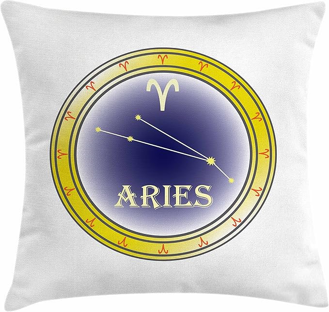 Ambesonne Zodiac Aries Throw Pillow Cushion Cover, Astrology Sign in a Circle with The Horoscope Constellation, Decorative Square Accent Pillow Case, 36" X 36", Yellow Navy Blue and Orange - Aries Car Seat Cover for men