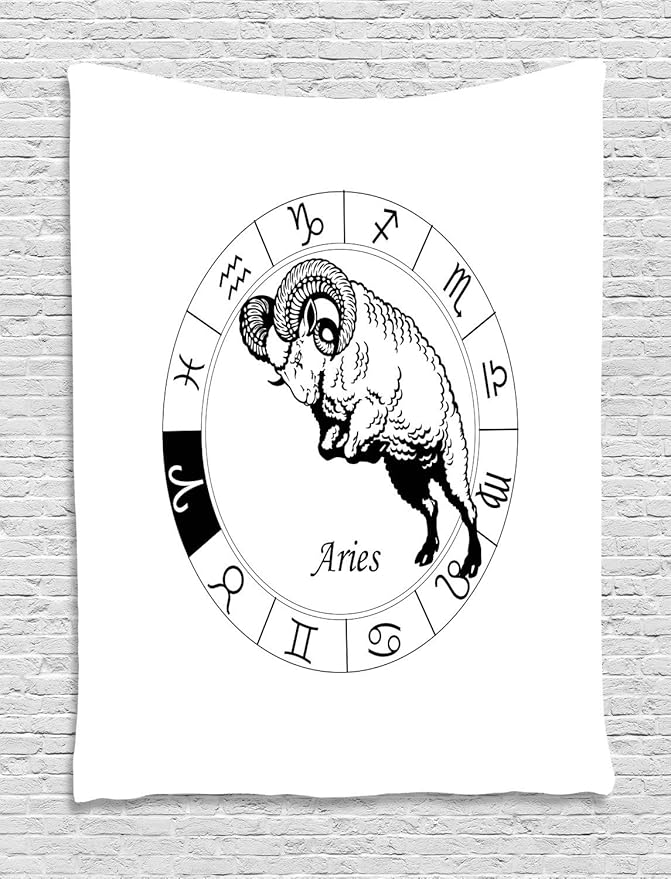 Ambesonne Zodiac Aries Tapestry, Zodiac Wheel with 12 Signs and Jumping Animal Esoteric Print, Wall Hanging for Bedroom Living Room Dorm Decor, 60" X 80", White and Black - Aries Blanket for men