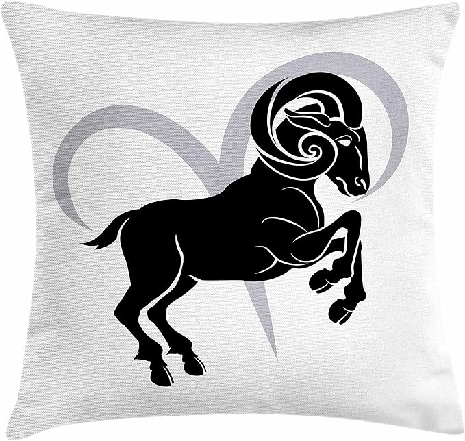 Ambesonne Zodiac Aries Throw Pillow Cushion Cover, Black Silhouette of a Astrological Animal Standing on Grey Sign, Decorative Square Accent Pillow Case, 36" X 36", Black Pale Grey and White - Aries Car Seat Cover for men