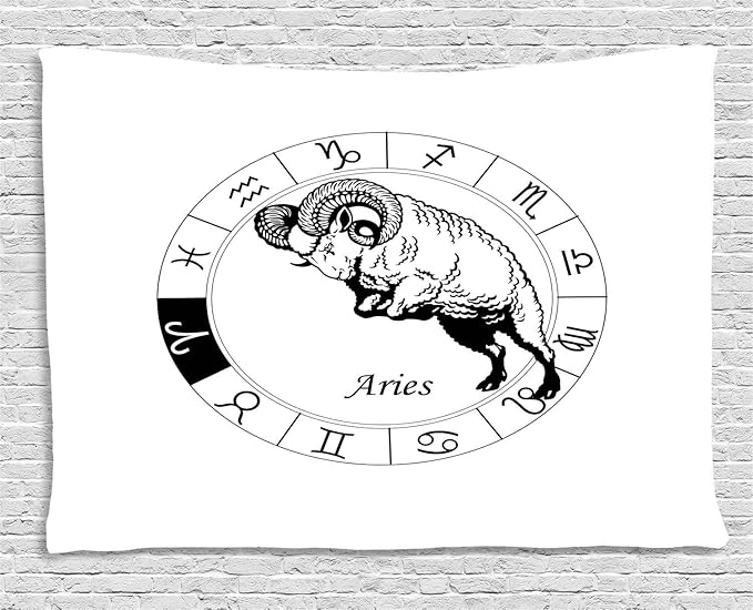 Ambesonne Zodiac Aries Tapestry, Zodiac Wheel with Twelve Signs and Jumping Animal Archaic Esoteric Print, Wall Hanging for Bedroom Living Room Dorm, 60" X 40", White and Black - Aries Blanket for men