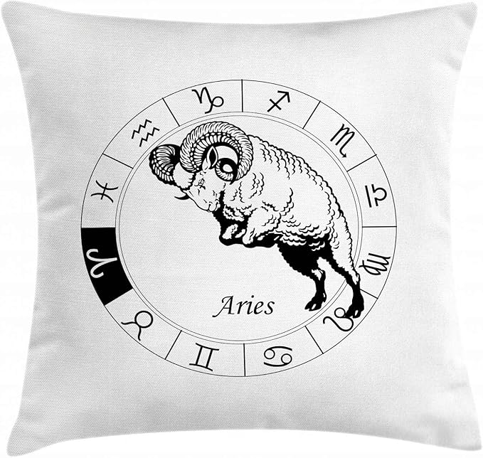 Ambesonne Zodiac Aries Throw Pillow Cushion Cover, Zodiac Wheel with 12 Signs and Jumping Animal Esoteric Print, Decorative Square Accent Pillow Case, 26" X 26", White and Black - Aries Car Seat Cover for men