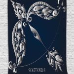 Ambesonne Zodiac Sagittarius Tapestry, Hand Drawn Bow Arrow Motif Leaves Flowers Astrology Sign, Wall Hanging for Bedroom Living Room Dorm Decor, 40" X 60", Dark Blue and Grey - Sagittarius Home Decor for men