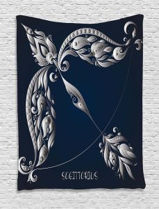 Ambesonne Zodiac Sagittarius Tapestry, Hand Drawn Bow Arrow Motif Leaves Flowers Astrology Sign, Wall Hanging for Bedroom Living Room Dorm Decor, 40" X 60", Dark Blue and Grey - Sagittarius Home Decor for men