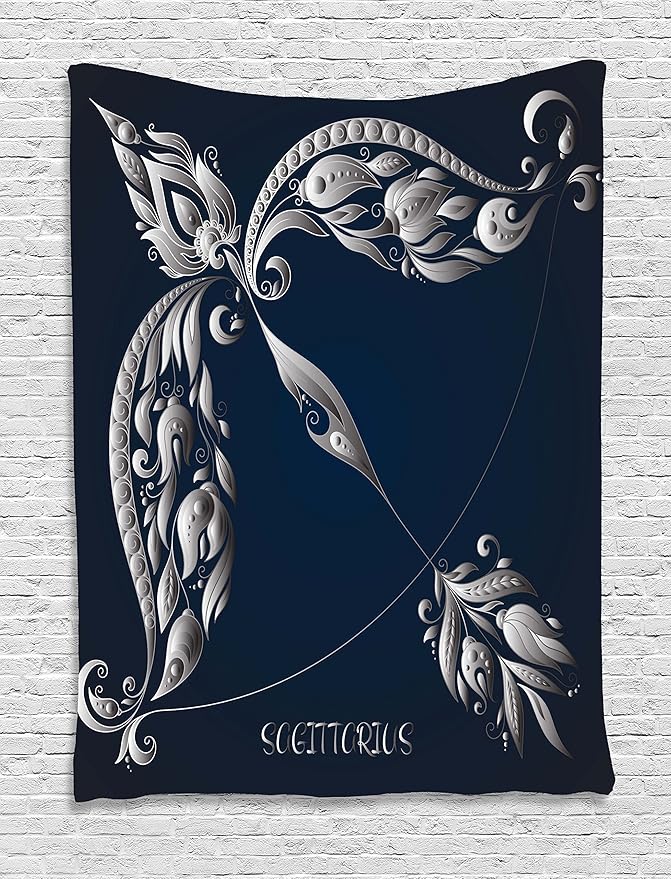Ambesonne Zodiac Sagittarius Tapestry, Hand Drawn Bow Arrow Motif Leaves Flowers Astrology Sign, Wall Hanging for Bedroom Living Room Dorm Decor, 40" X 60", Dark Blue and Grey - Sagittarius Home Decor for men