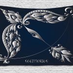 Ambesonne Zodiac Sagittarius Tapestry, Hand Drawn Bow Arrow Motif with Leaves Flowers Astrology Sign, Wall Hanging for Bedroom Living Room Dorm, 60" X 40", Dark Blue and Grey - Sagittarius Home Decor for men