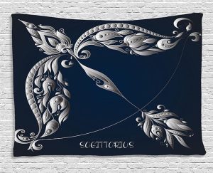 Ambesonne Zodiac Sagittarius Tapestry, Hand Drawn Bow Arrow Motif with Leaves Flowers Astrology Sign, Wall Hanging for Bedroom Living Room Dorm, 60" X 40", Dark Blue and Grey - Sagittarius Home Decor for men