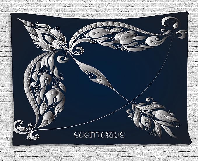 Ambesonne Zodiac Sagittarius Tapestry, Hand Drawn Bow Arrow Motif with Leaves Flowers Astrology Sign, Wall Hanging for Bedroom Living Room Dorm, 60" X 40", Dark Blue and Grey - Sagittarius Home Decor for men