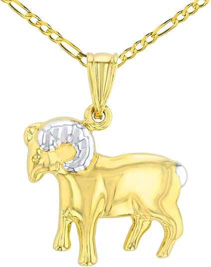 High Polish 14K Yellow Gold Aries Zodiac Sign Pendant Ram Charm Pendant With Cable, Curb or Figaro Chain Necklace - Aries Necklace for men