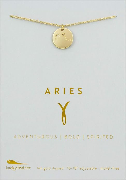 Lucky Feather Aries Zodiac Sign Constellation Pendant Necklace for Women, 14K Gold-Dipped with Adjustable 16” – 18” Chain - Aries for men