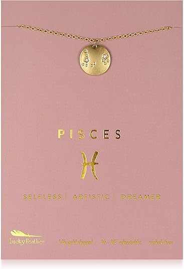 Lucky Feather Zodiac Necklace - 14K Gold-Dipped Constellation Pendant Necklace - Zodiac Sign Birthday Gifts for Women and Girls with Adjustable 16" - 18" Chain - Pisces for men