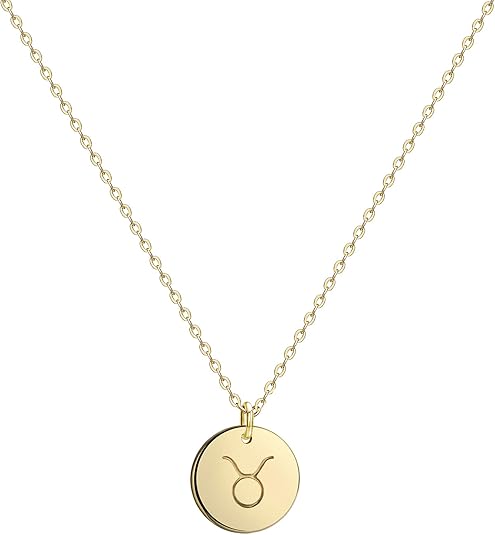 Befettly Constellation Necklace Pendant 14K Gold-Plated Hammered Round Disc Engraved Zodiac Sign Pendant 17.5’’ Adjustable Dainty Necklace - Taurus Products for men