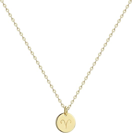 Constellation Necklace Pendant 14K Gold-Plated Hammered Round Disc Engraved Zodiac Sign Pendant 17.5’’ Adjustable Dainty Necklace - Aries Necklace for men
