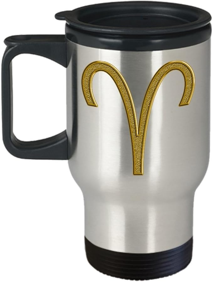 mmandiDESIGNS Aries Car Travel Mug Zodiac Astrology Stainless Steel Perfect Male or Female Present Idea with Gold Color Horoscope Sign - Aries Mug for men