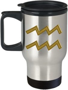 mmandiDESIGNS Aquarius Car Travel Mug Zodiac Astrology Stainless Steel Perfect Male or Female Present Idea with Gold Color Horoscope Sign - Aquarius Mug for men