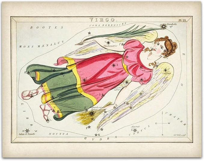 Astrology Posters - Virgo Zodiac Antique Constellation Poster - 11x14 Unframed Art Print - Great Vintage Zodiac Poster, Astrology and Aptitude Vintage Home Wall Decor for Astrology Enthusiasts - Virgo Poster for men